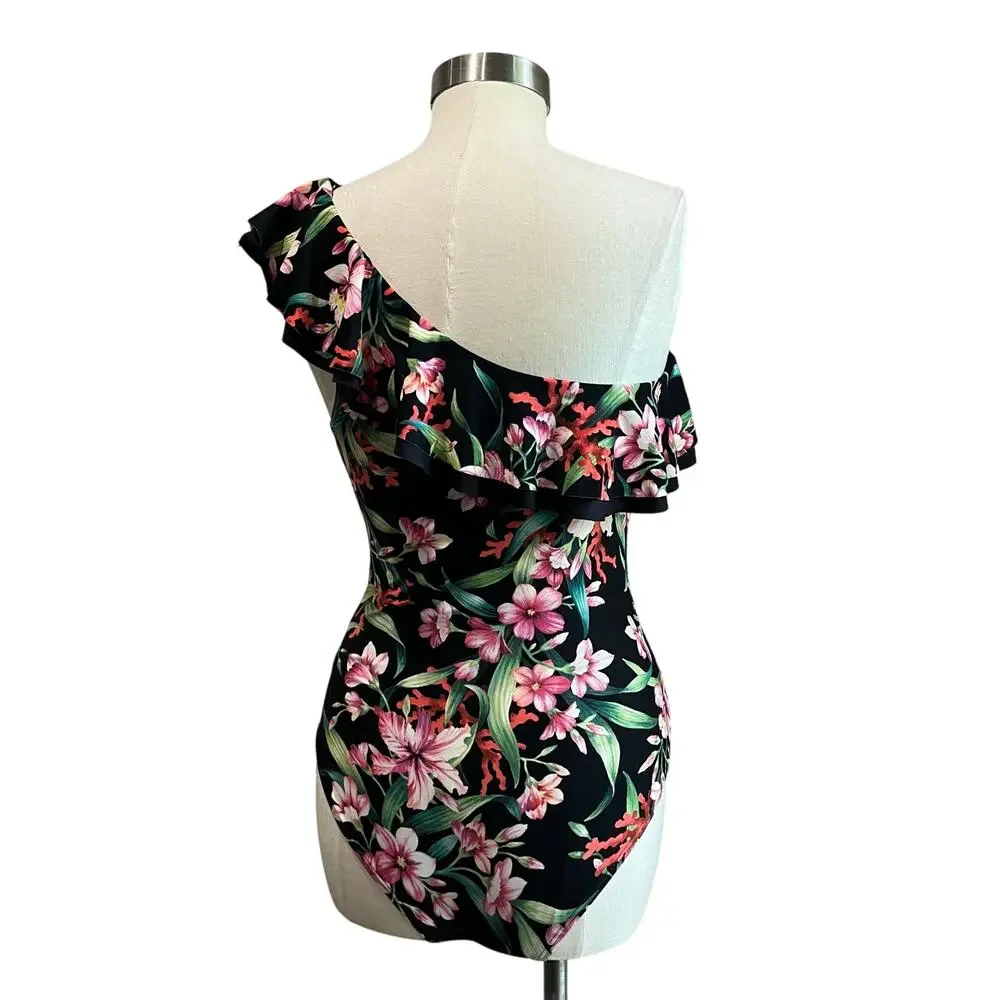 Carmen Marc Valvo One Shoulder Ruffle‎ Swimsuit 12 Floral One Piece Chic